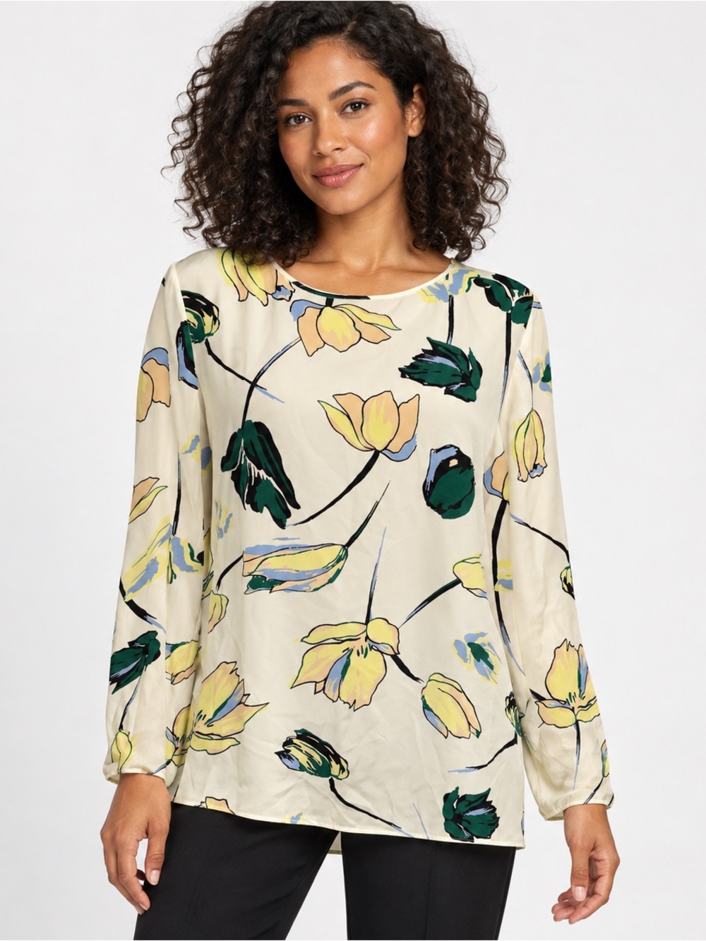 100% silk sketched abstract tulip lotus watercolor floral long sleeve blouse